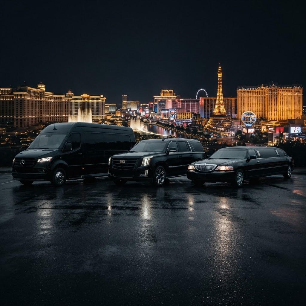 Black Mercedes Sprinter, luxury SUV, and stretch limousine lined up on the Las Vegas Strip at night with golden city lights