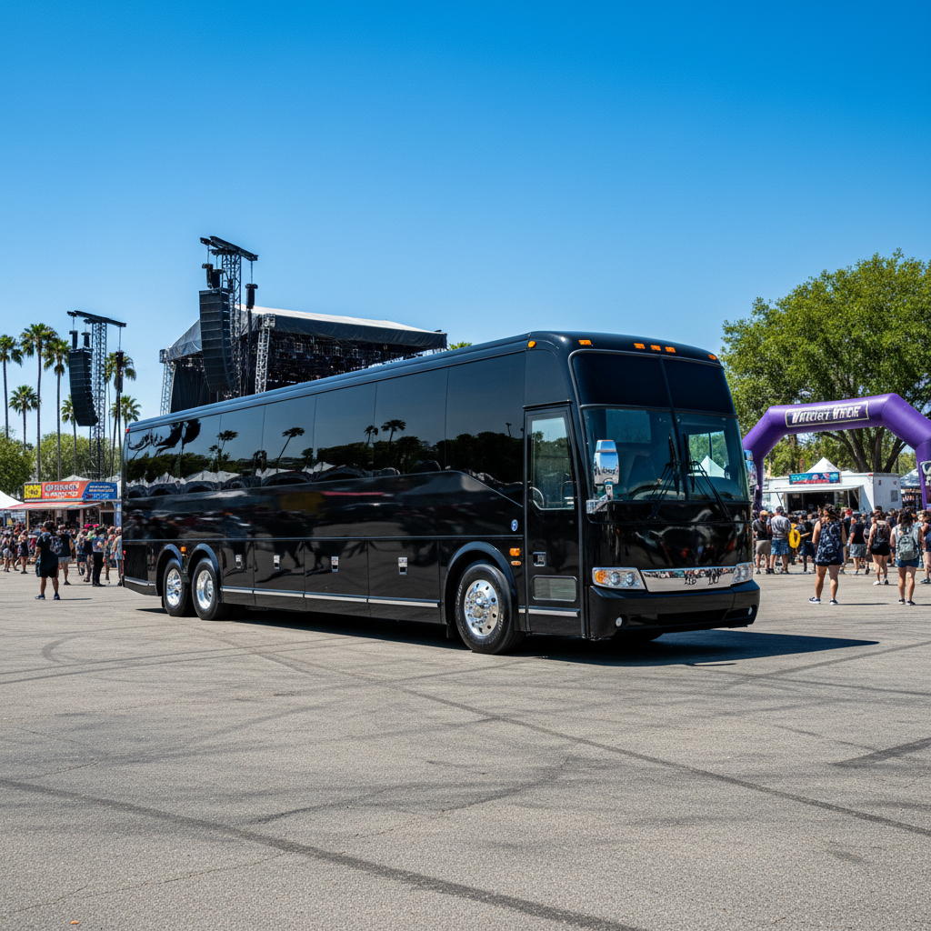 Luxury party bus exterior with chrome accents and large windows parked on the Las Vegas Strip