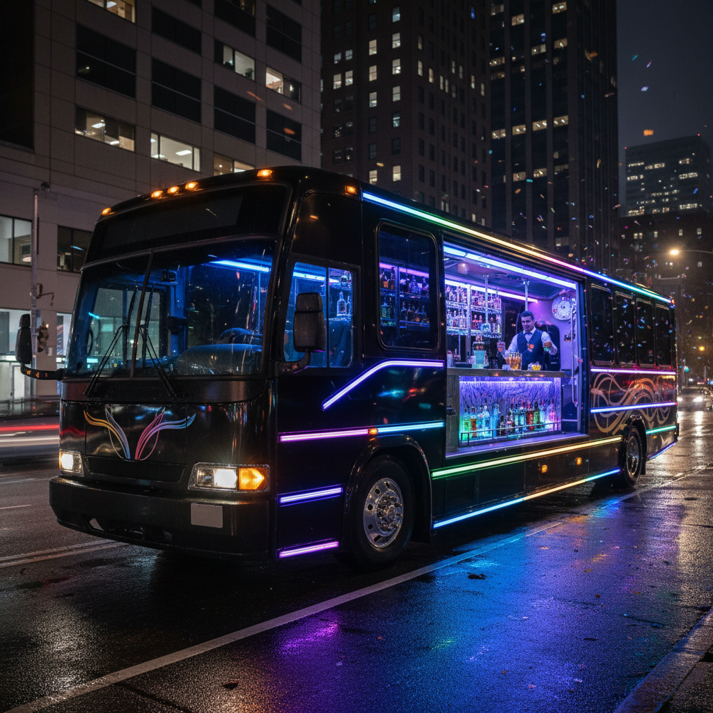 Interior of a luxury party bus with plush seating, LED lighting, and a premium sound system