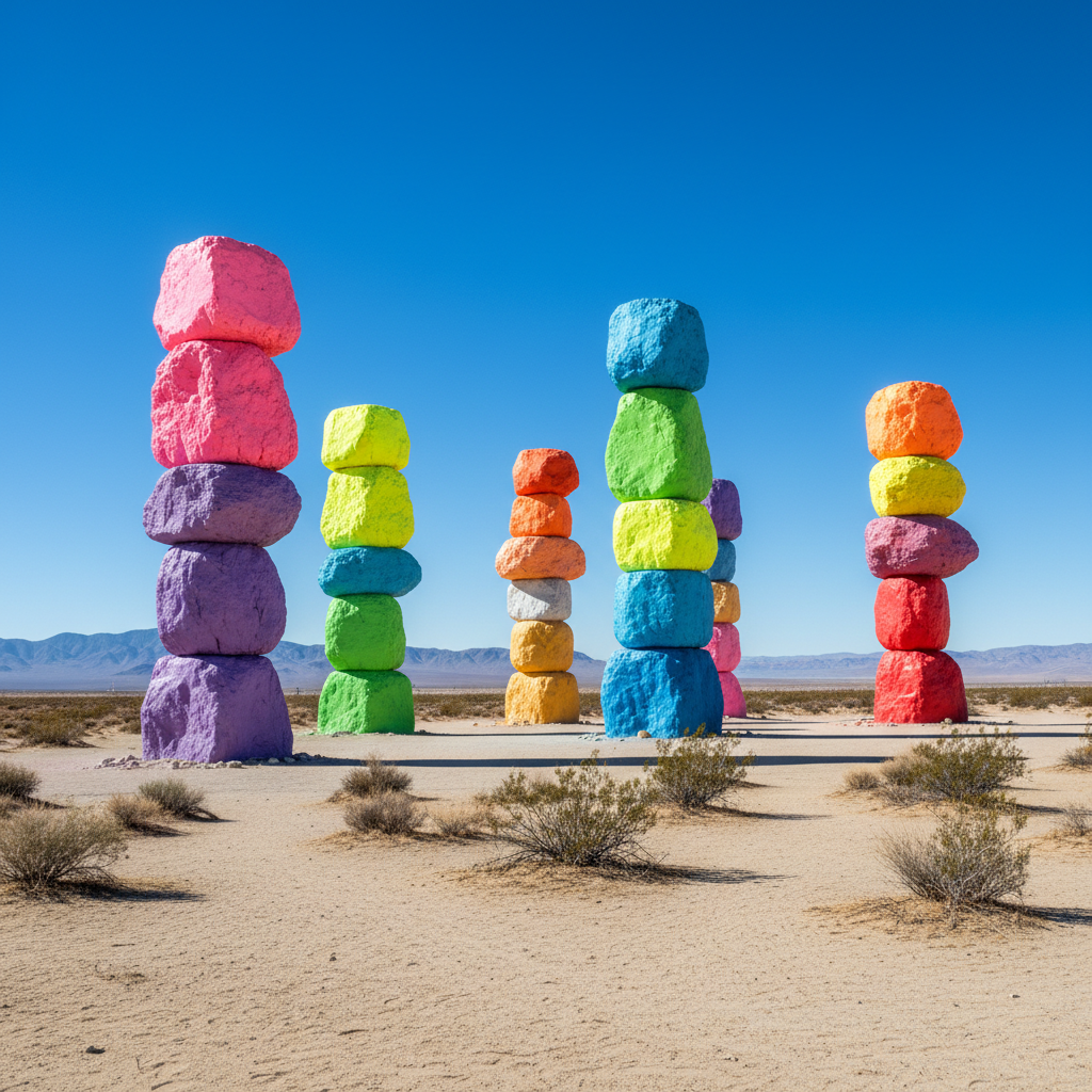 Seven Magic Mountains colorful art installation in the Nevada desert near Las Vegas