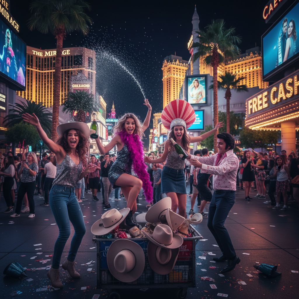 Happy group of friends on a luxury party bus celebrating in Las Vegas with drinks and music
