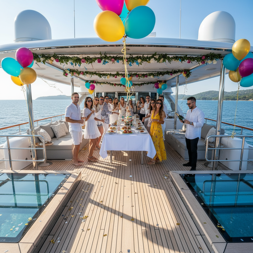 Birthday celebration group in a luxury party bus with balloons and decorations on the Las Vegas Strip