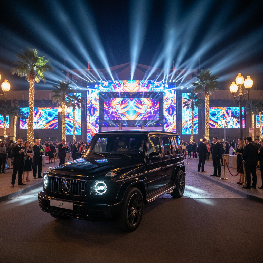 Group of nightclub-goers arriving in a luxury black SUV at a popular Las Vegas nightclub entrance