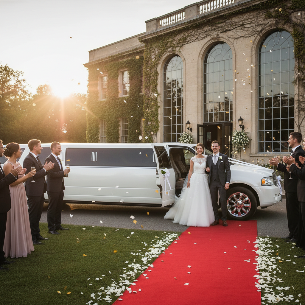 White stretch limousine with wedding decorations and flowers waiting outside a Las Vegas chapel