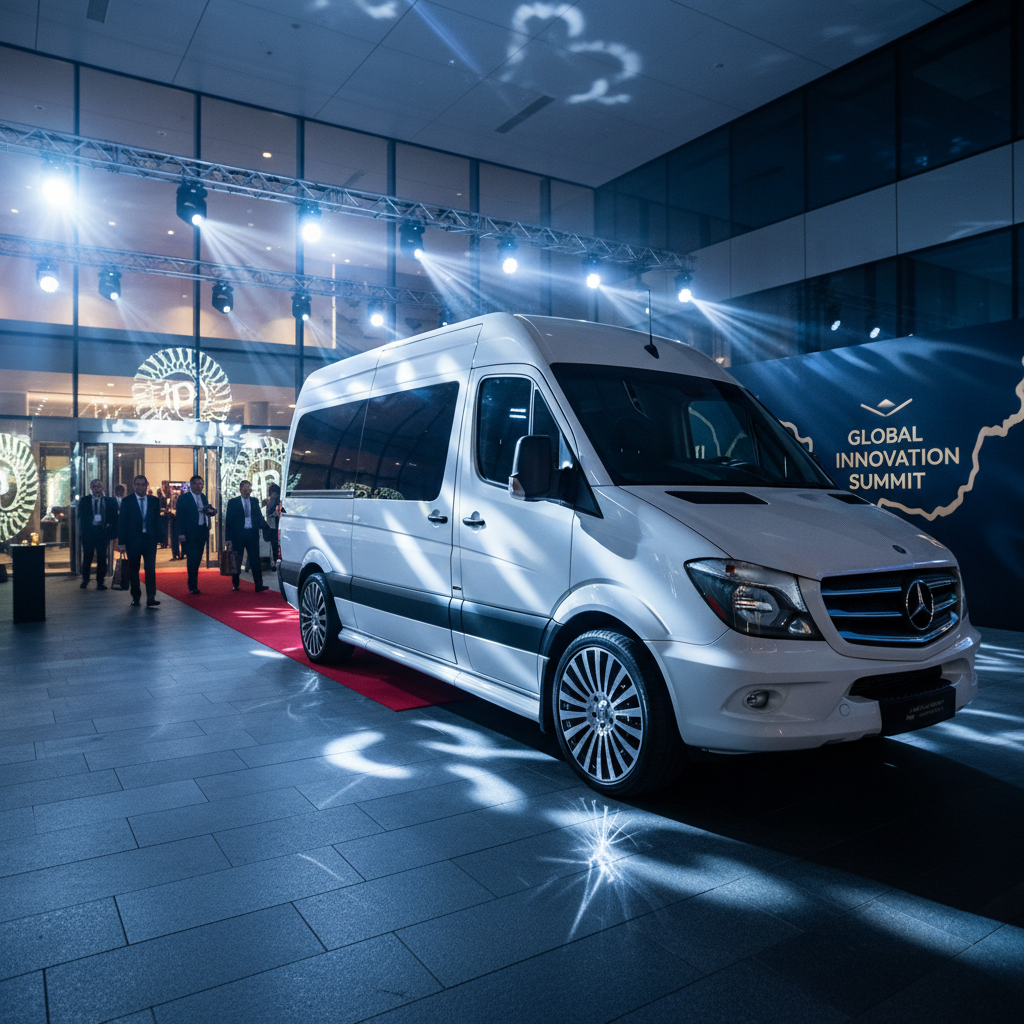 Charter bus and Mercedes Sprinter van parked side by side at a Las Vegas event venue