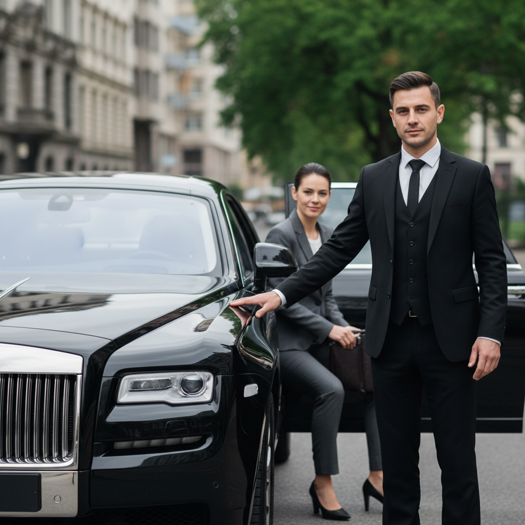 Professional chauffeur in uniform standing next to a luxury black vehicle ready to assist a client