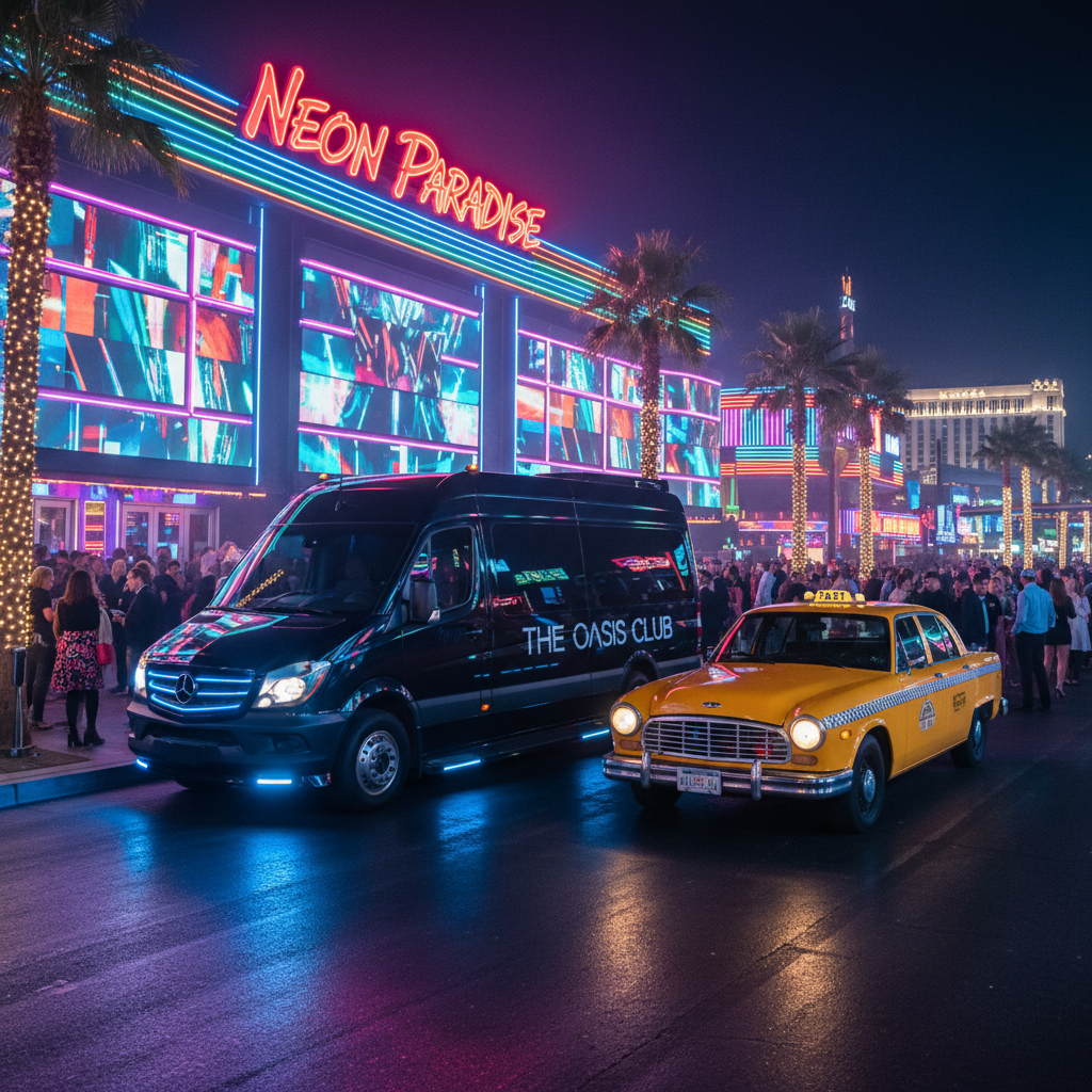 Luxury nightclub shuttle van and taxi cab outside a popular Las Vegas nightclub at night