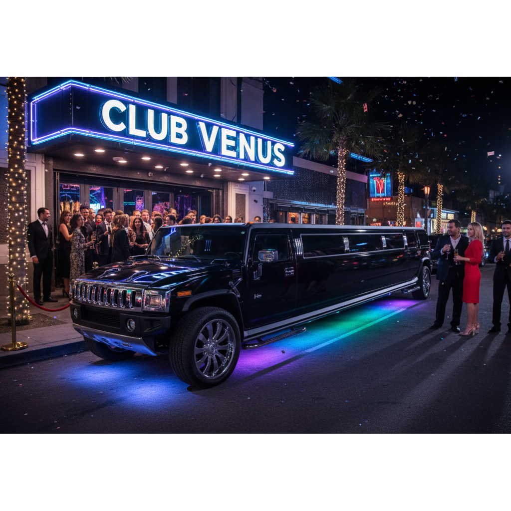 Luxury black SUV arriving at a Las Vegas nightclub entrance with velvet rope and VIP treatment