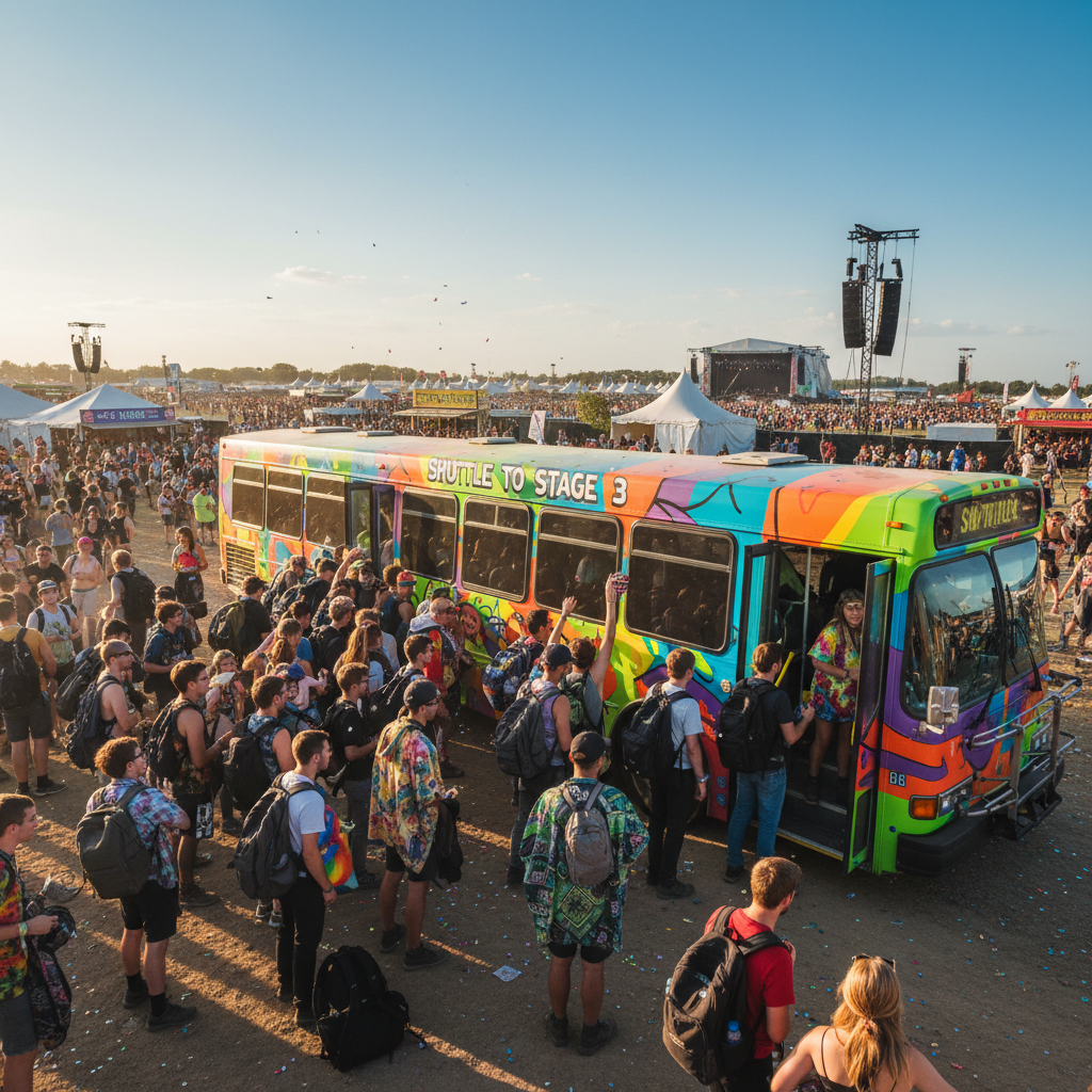Festival shuttle bus picking up passengers at a large outdoor music festival in Las Vegas