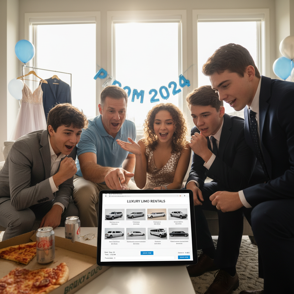 Parents and students reviewing prom limo booking details on a tablet outside a Las Vegas venue
