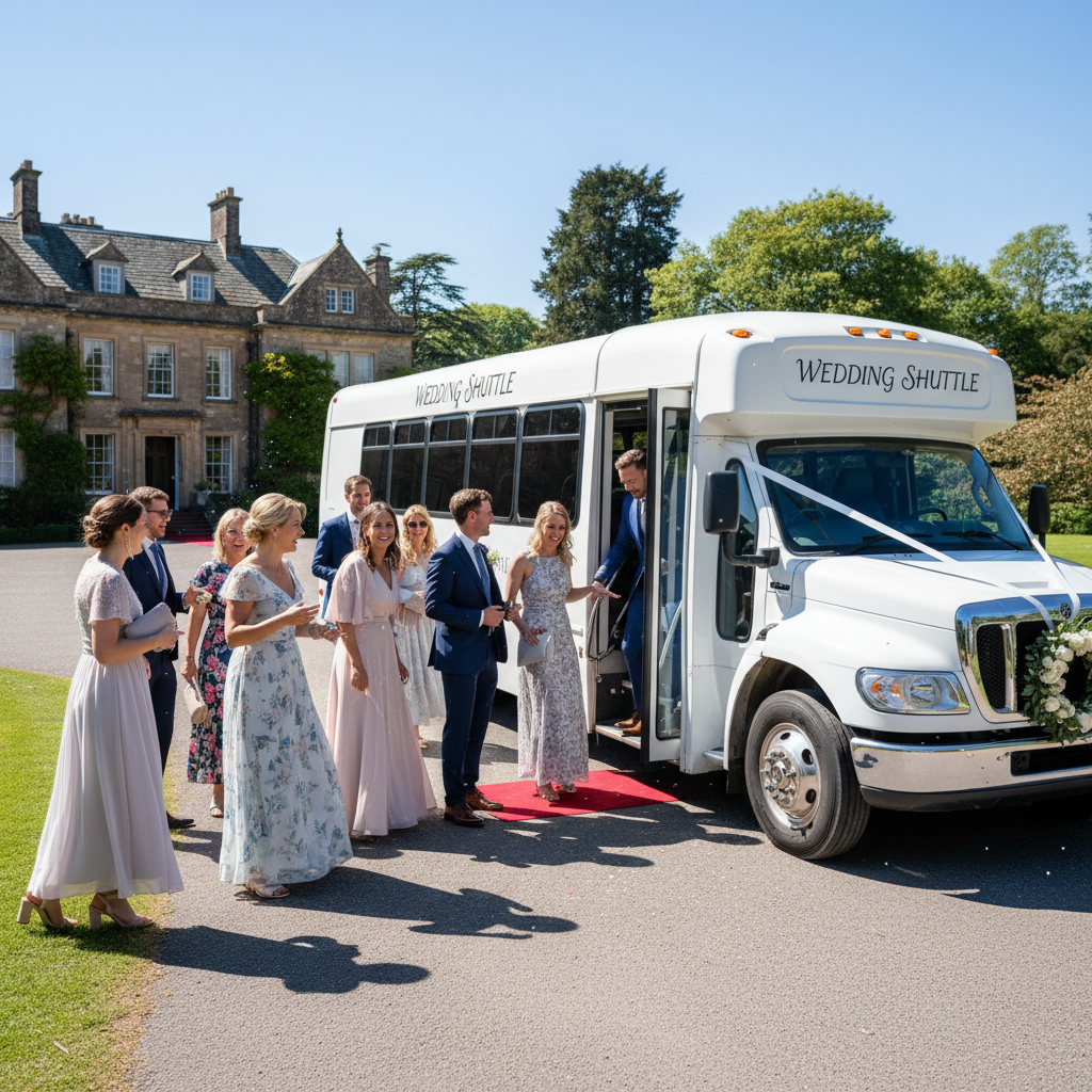 Elegant white shuttle bus decorated for a wedding transporting guests to a Las Vegas venue