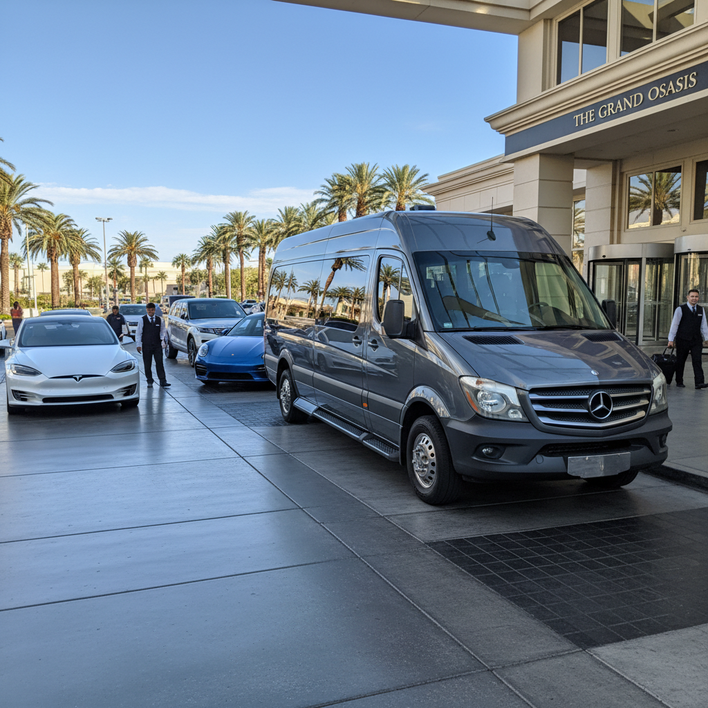 Luxury group shuttle van and rental cars side by side at a Las Vegas hotel valet area