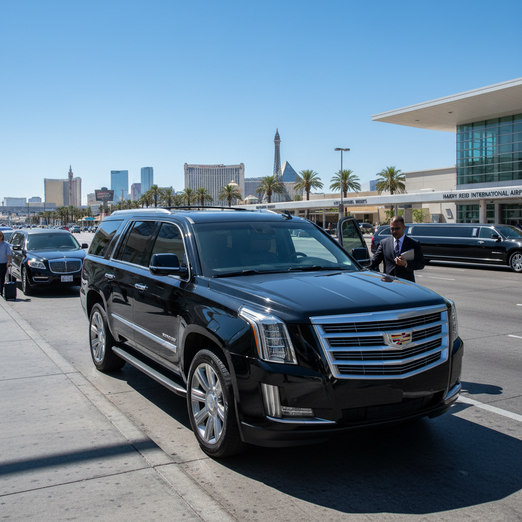 Professional chauffeur in black suit opening the door of a luxury black SUV on the Las Vegas Strip