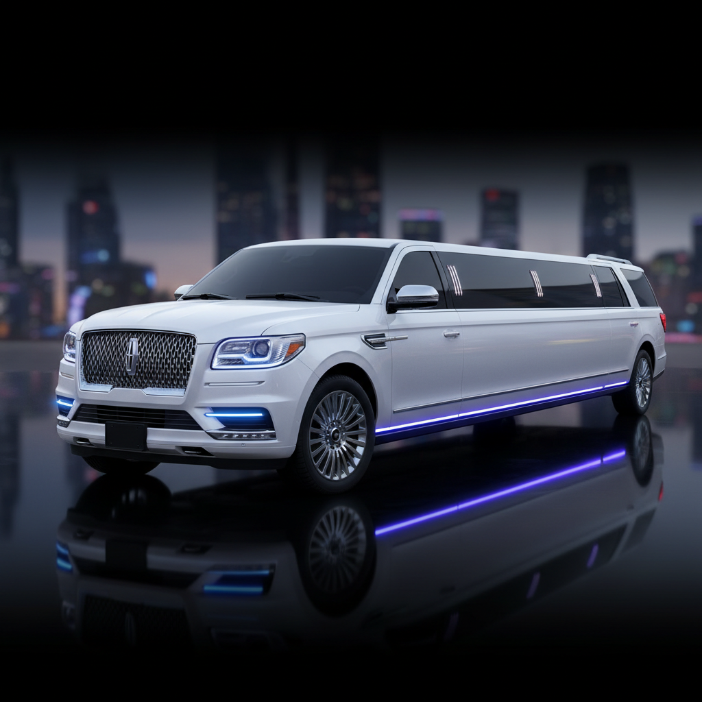 Prom students in formal attire boarding a luxury white stretch limousine for prom night