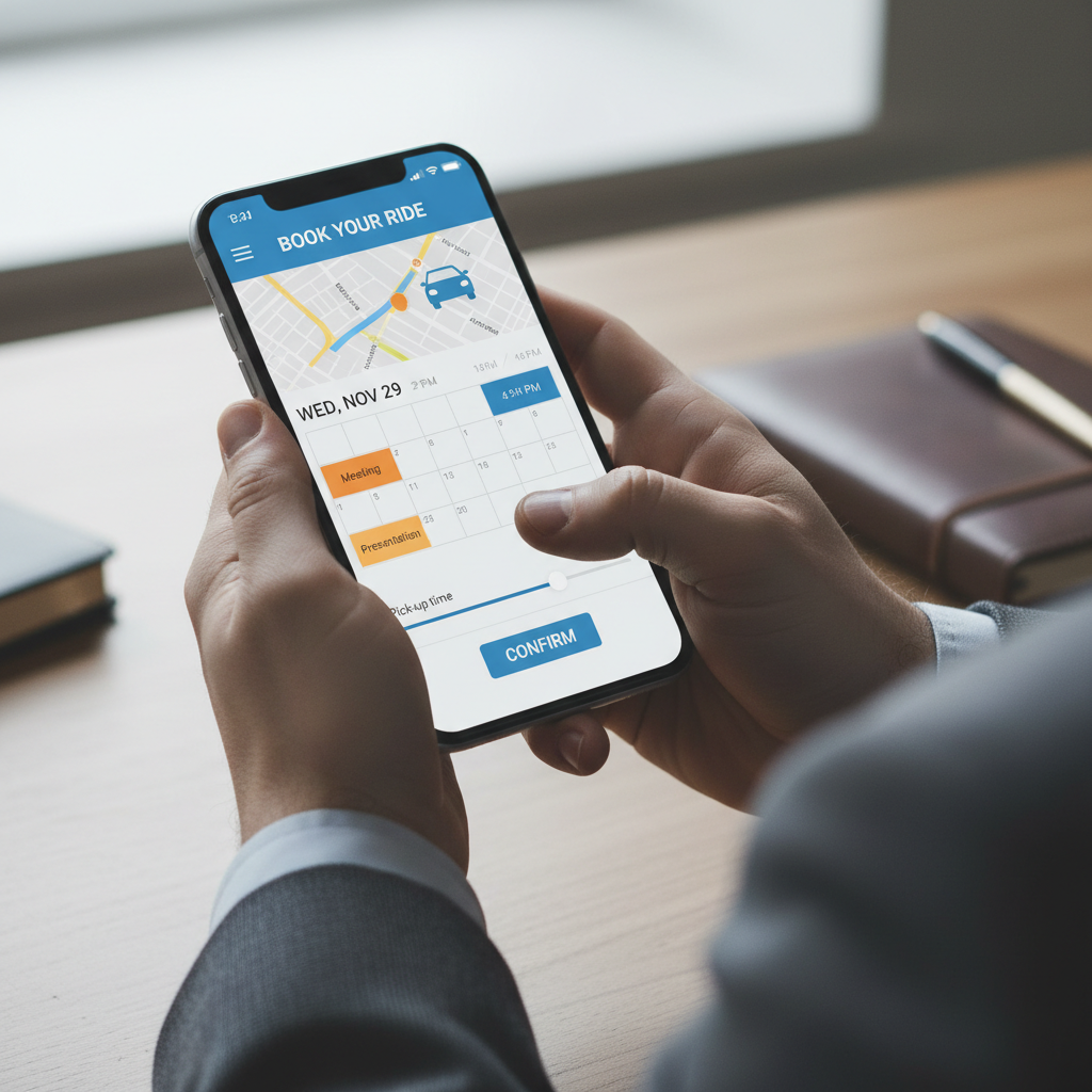 Calendar and luxury limousine booking confirmation on a smartphone screen
