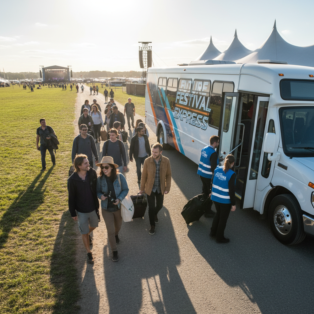 Group of festival-goers boarding a luxury shuttle bus at a Las Vegas outdoor event