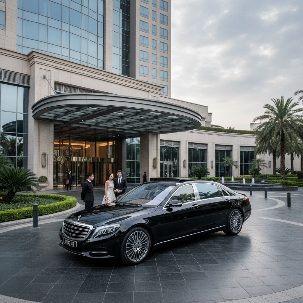 Sleek black Mercedes-Benz S-Class luxury sedan parked at a Las Vegas hotel entrance at night