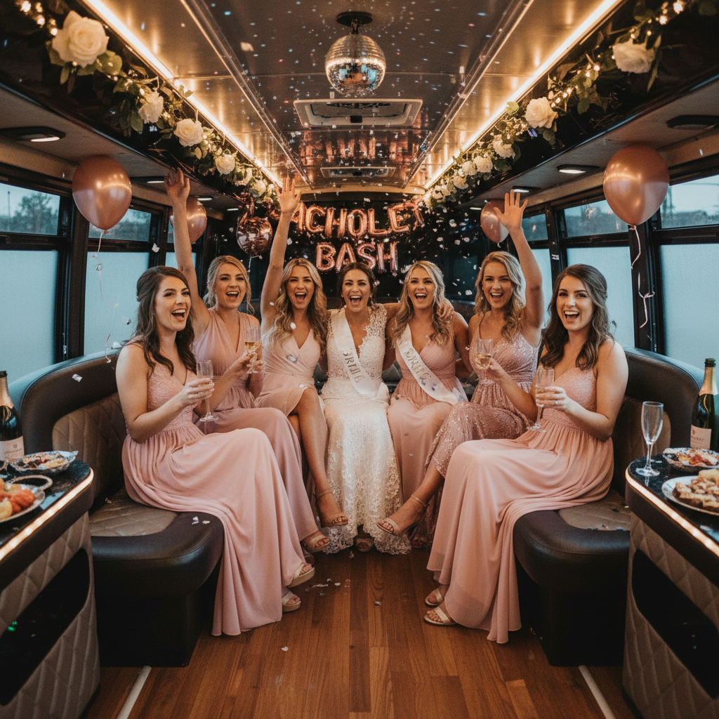 Bachelorette party group in pink sashes and tiaras boarding a luxury pink Hummer limousine in Las Vegas