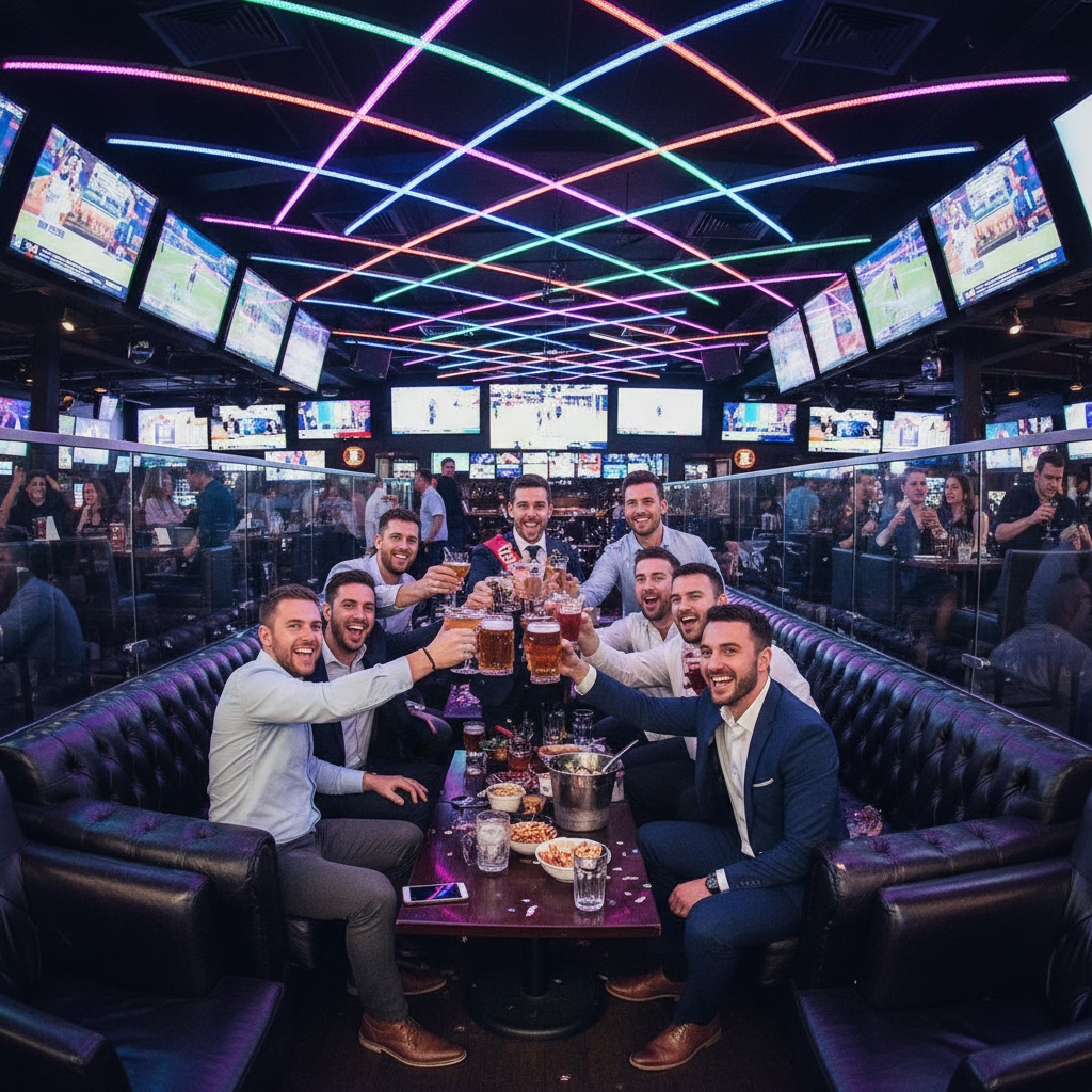 Group of men celebrating a bachelor party on the Las Vegas Strip at night with drinks