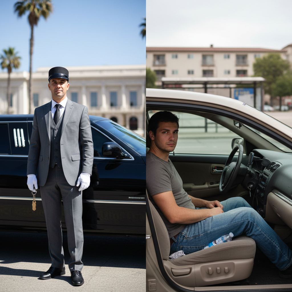 Professional licensed chauffeur next to a luxury limousine versus a rideshare driver in a regular car