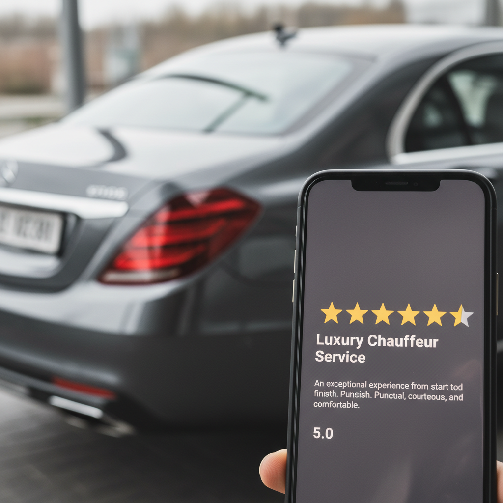 Five-star review rating displayed on a phone screen with a luxury chauffeur vehicle in the background