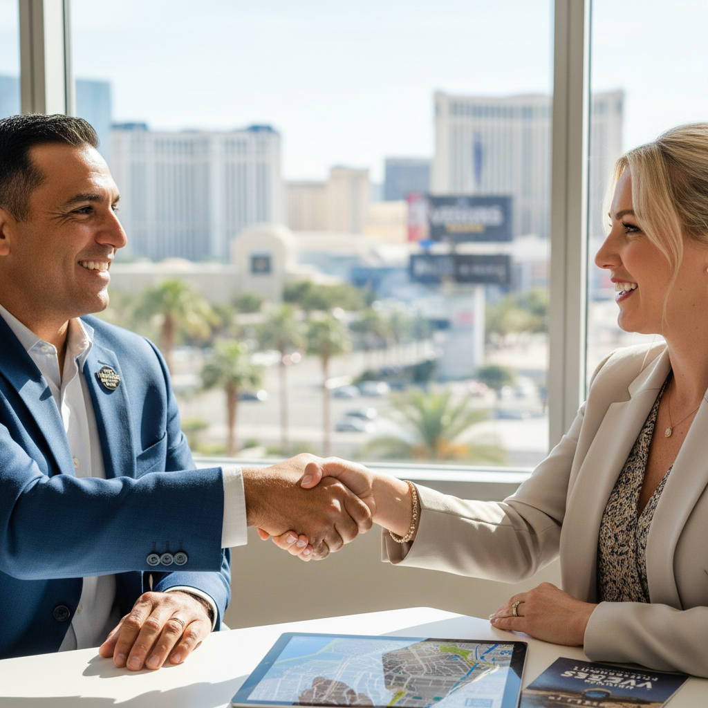 Tour club host and Airbnb operator shaking hands over a referral partnership for Las Vegas transportation
