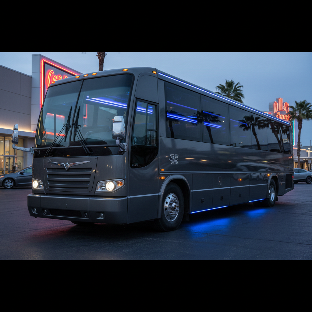 Spacious interior of a 33-passenger party bus showing seating capacity and entertainment features