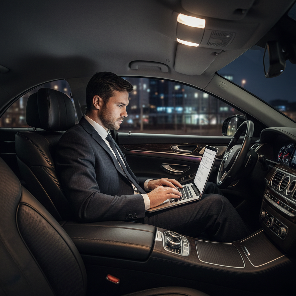 Business executive in a suit working on a laptop inside a luxury black sedan during a corporate transfer