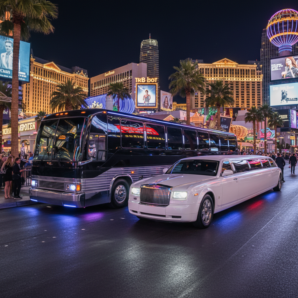 Large luxury party bus with LED lights and entertainment system parked in Las Vegas
