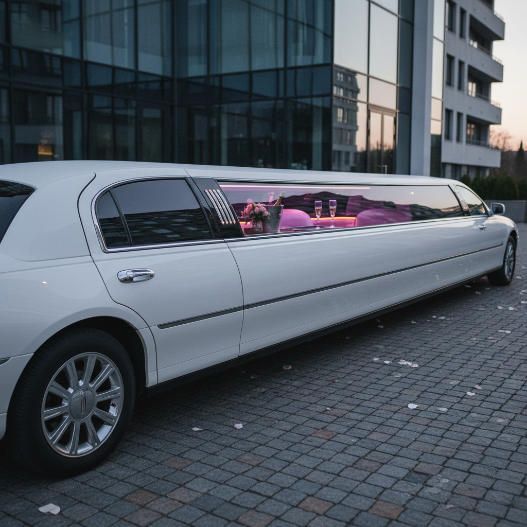 VIP luxury ride package with champagne and premium amenities inside a black stretch limousine